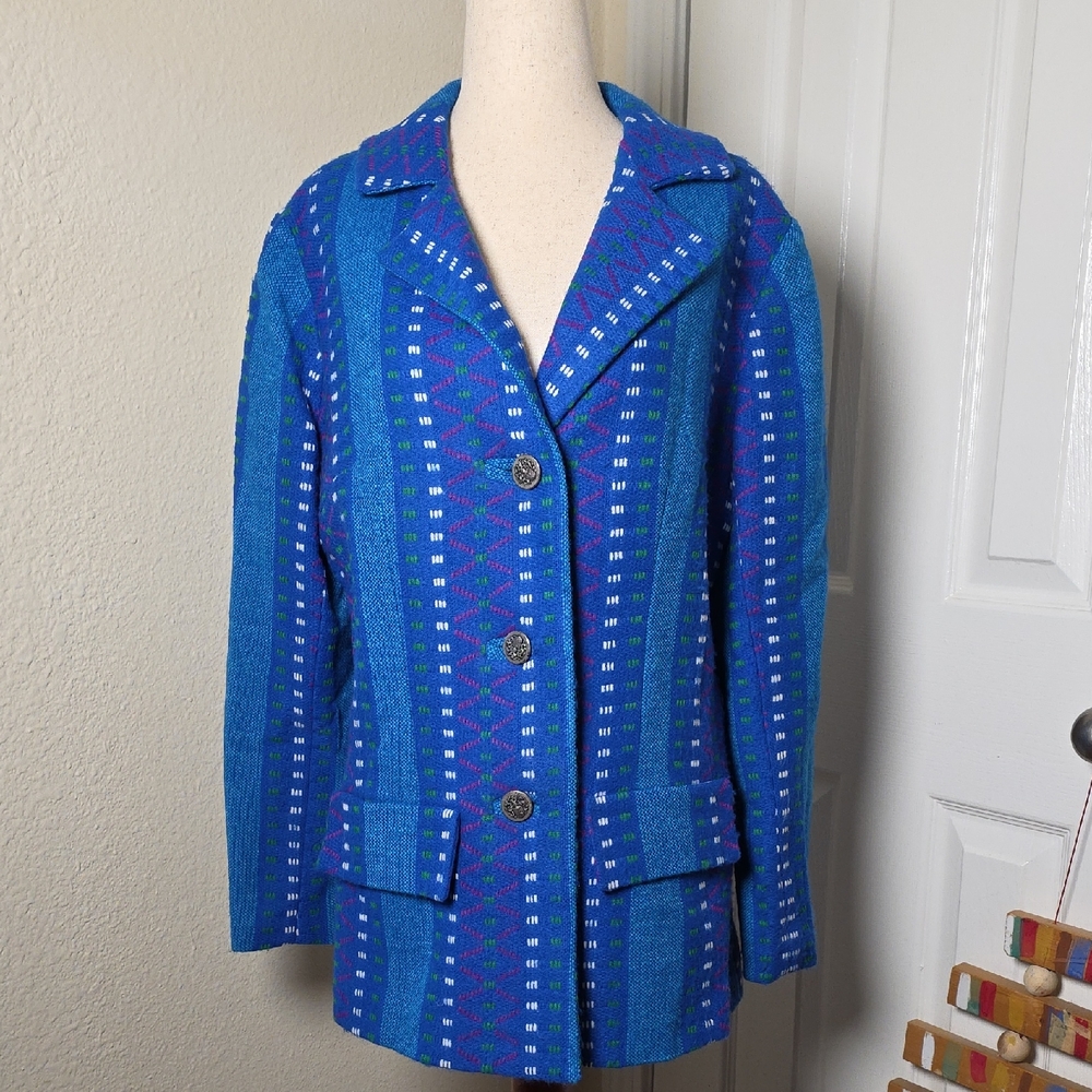 Vintage 80s Handmade Blue Purple Green Woven Patterned Jacket Blazer